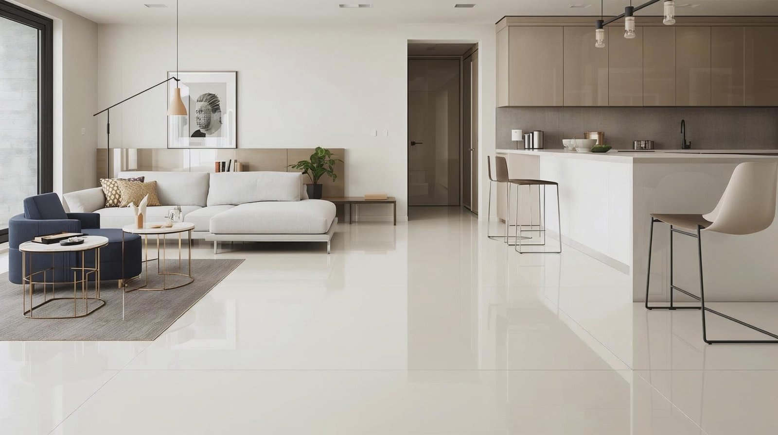 podłoga żywiczna jednokolorowa w salonie i kuchni z meblami i elementami wykończenia wnętrza