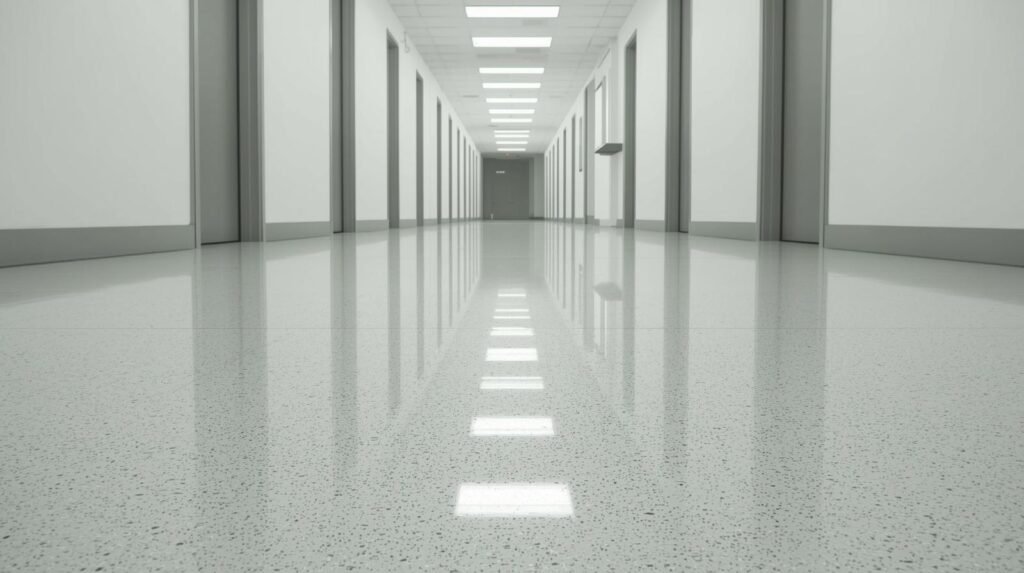 posadzka żywiczna jednobarwna w biurze firmy na korytarzu z kilkoma drzwiami do pomieszczeń