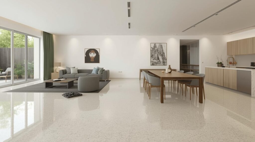 salon i jadalnia z posadzką żywiczną jednokolorową salon i jadalnia z posadzką żywiczną jednokolorową